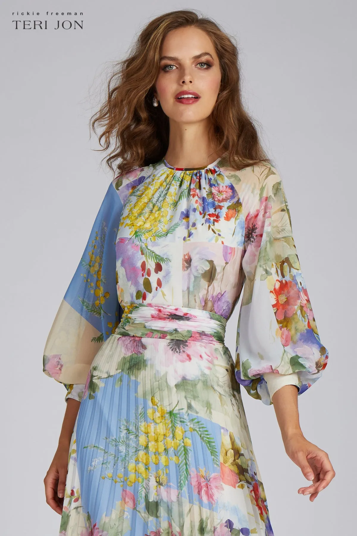 Patchwork Print Pleated Chiffon Maxi Gown sold by Teri Jon product image thumbnail 3