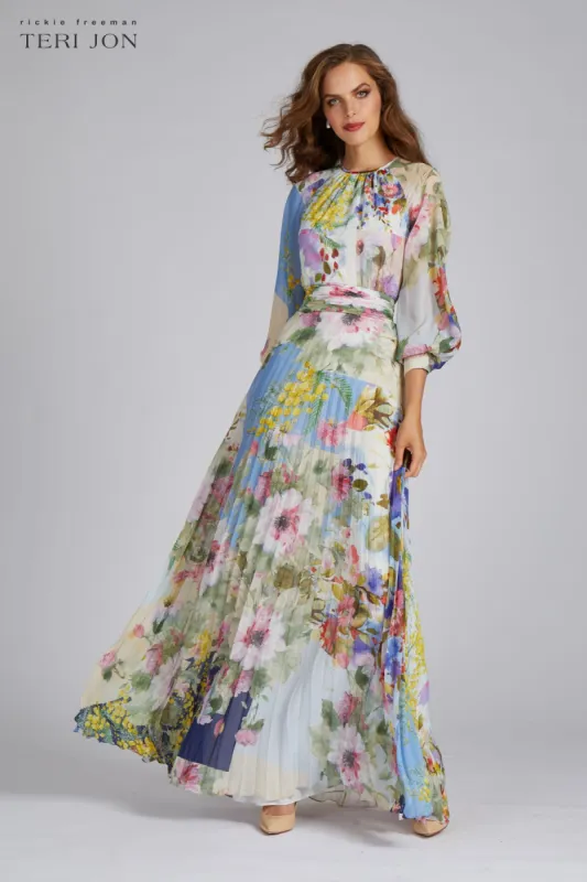 Patchwork Print Pleated Chiffon Maxi Gown sold by Teri Jon
