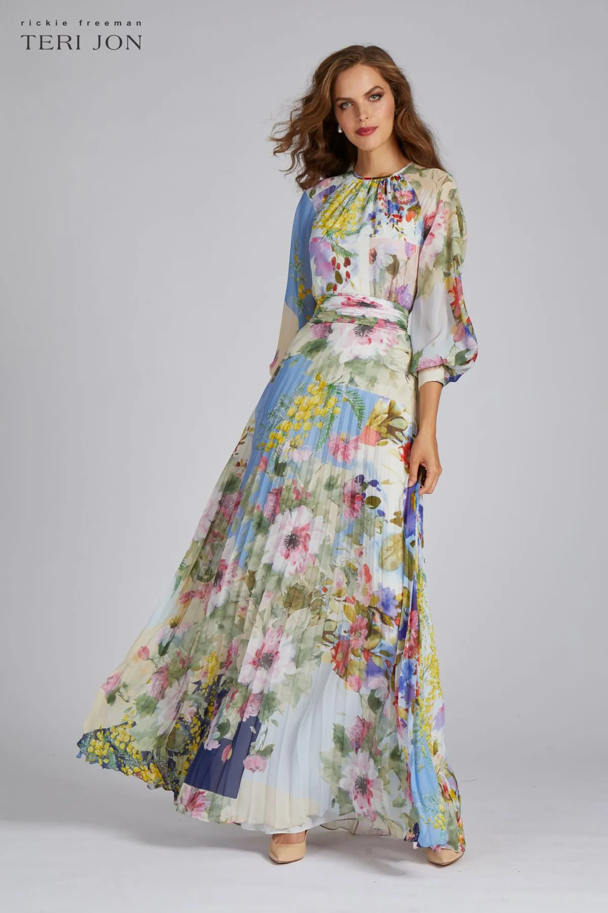 Patchwork Print Pleated Chiffon Maxi Gown sold by Teri Jon