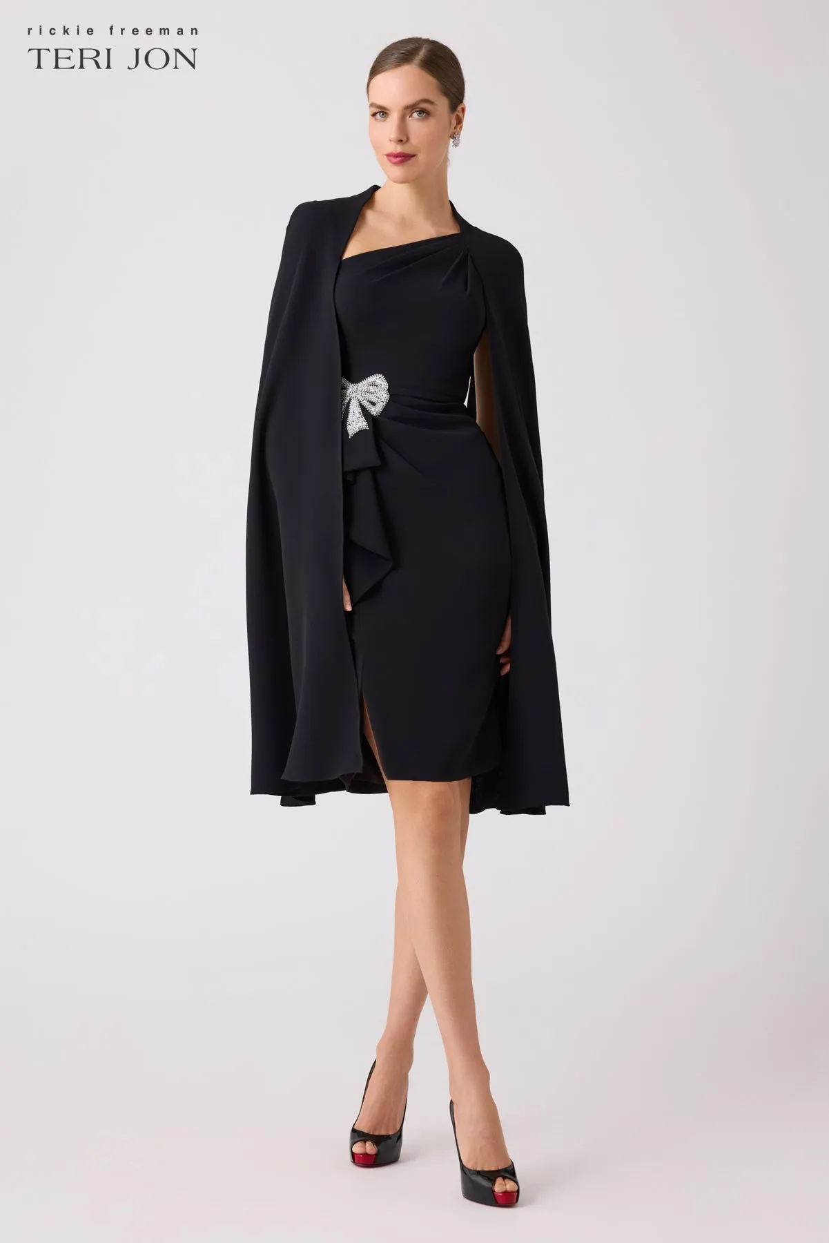 Crepe Cape Sleeve Beaded Waist Bow Dress sold by Teri Jon product image thumbnail 2