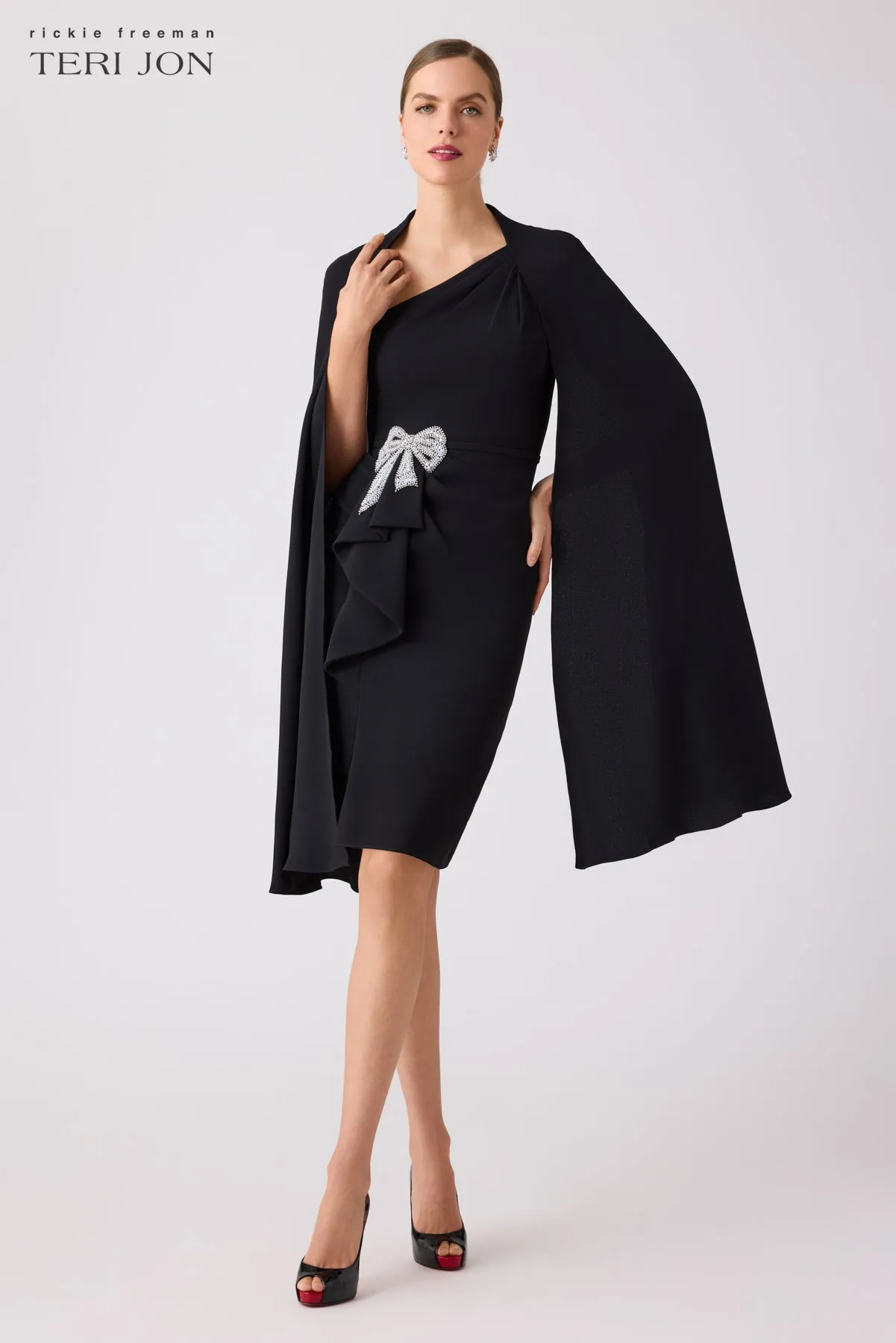 Crepe Cape Sleeve Beaded Waist Bow Dress sold by Teri Jon product image thumbnail 4