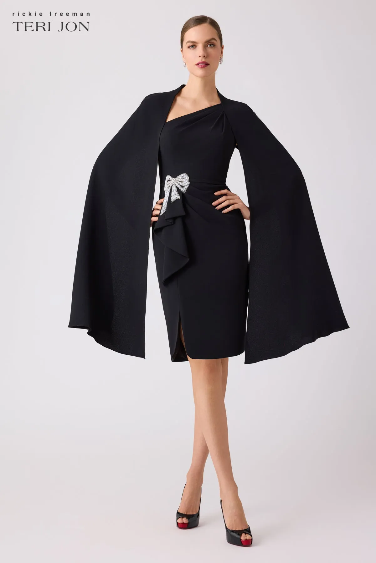 Crepe Cape Sleeve Beaded Waist Bow Dress sold by Teri Jon product image thumbnail 3