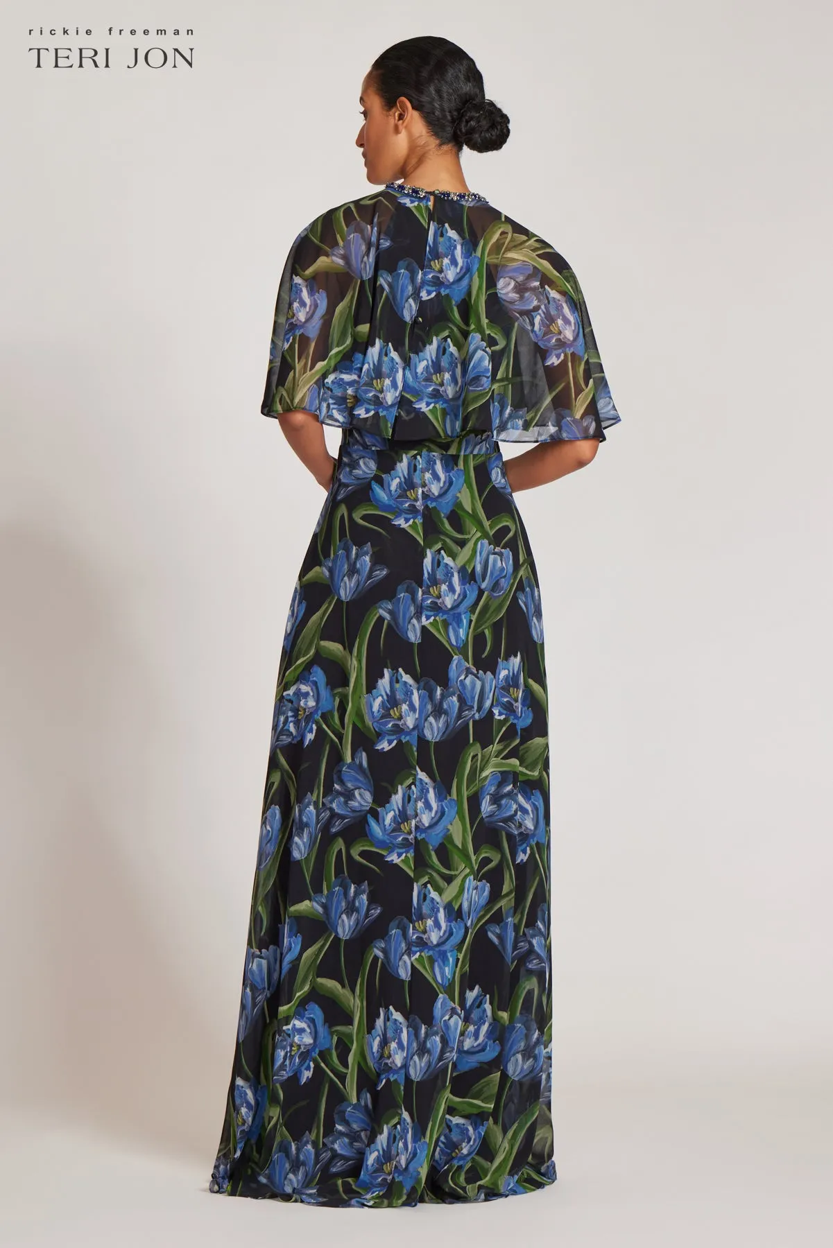 Black Chiffon Gown With Iris Print sold by Teri Jon product image thumbnail 3