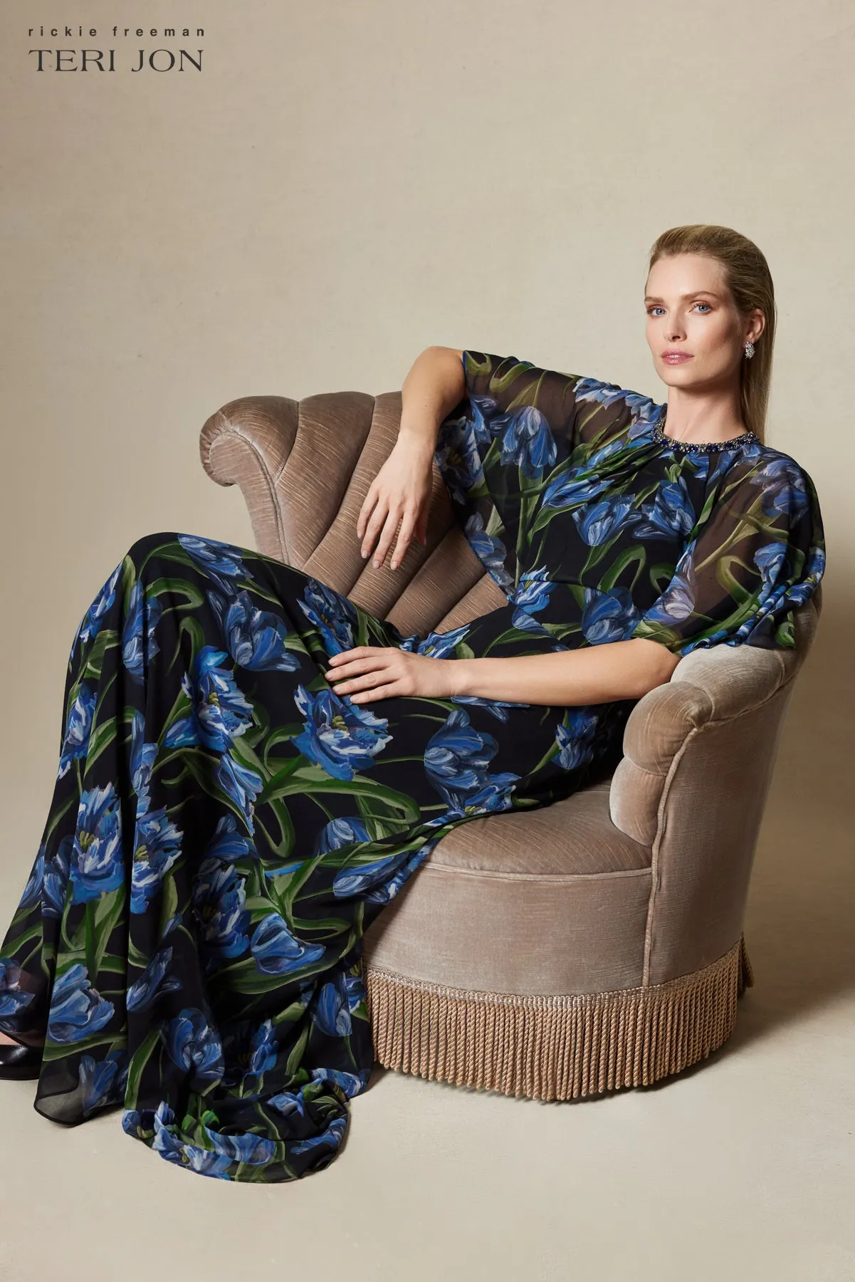 Black Chiffon Gown With Iris Print sold by Teri Jon product image thumbnail 5