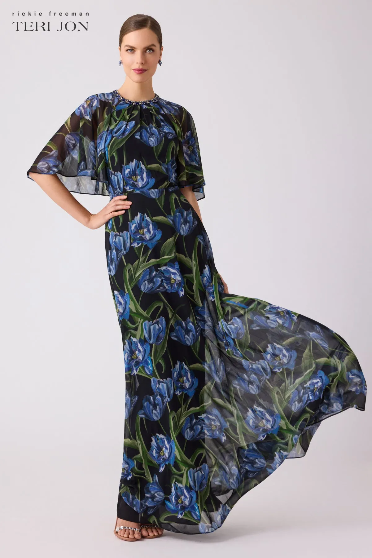 Black Chiffon Gown With Iris Print sold by Teri Jon product image thumbnail 2