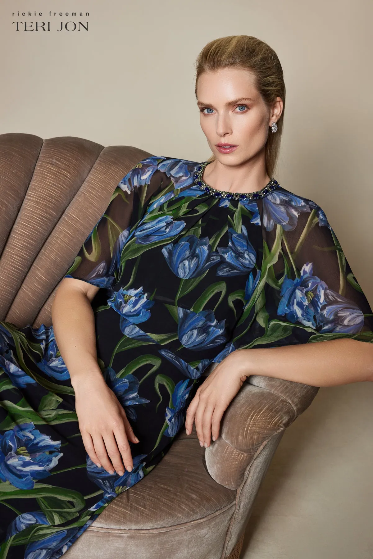 Black Chiffon Gown With Iris Print sold by Teri Jon product image thumbnail 4