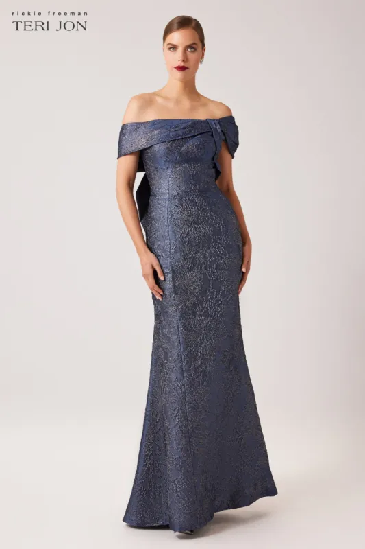 Asymmetrical Portrait Jacquard Evening Gown sold by Teri Jon