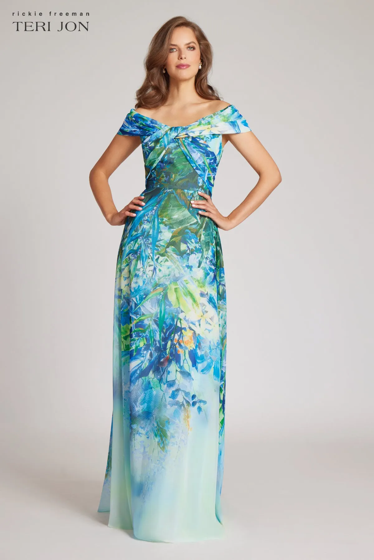 Chiffon Off the Shoulder Print Gown sold by Teri Jon