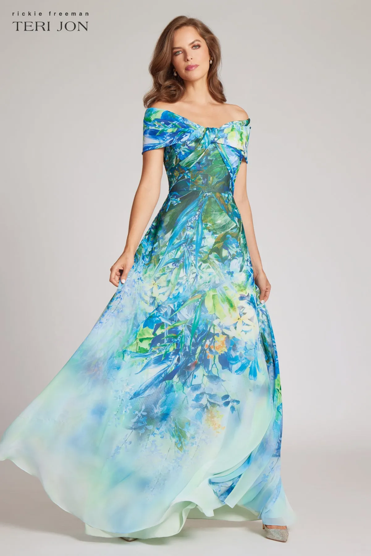 Chiffon Off the Shoulder Print Gown sold by Teri Jon product image thumbnail 2