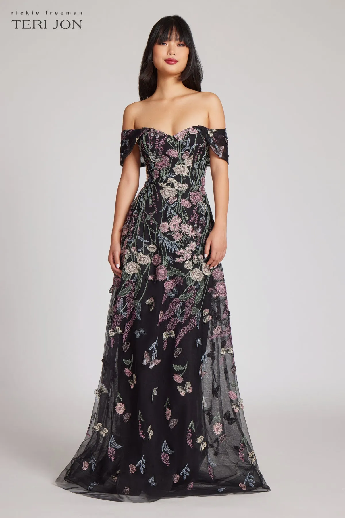 Off The Shoulder Embroidered Tulle Gown sold by Teri Jon
