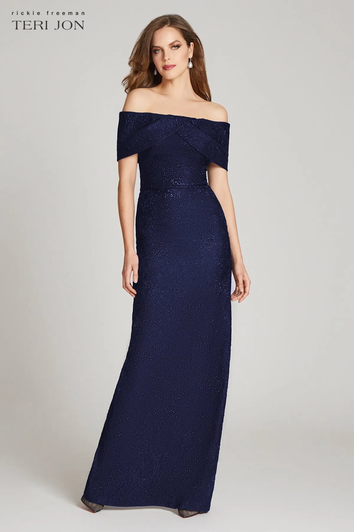 Jacquard Off Shoulder Portrait Column Gown sold by Teri Jon product image thumbnail 3