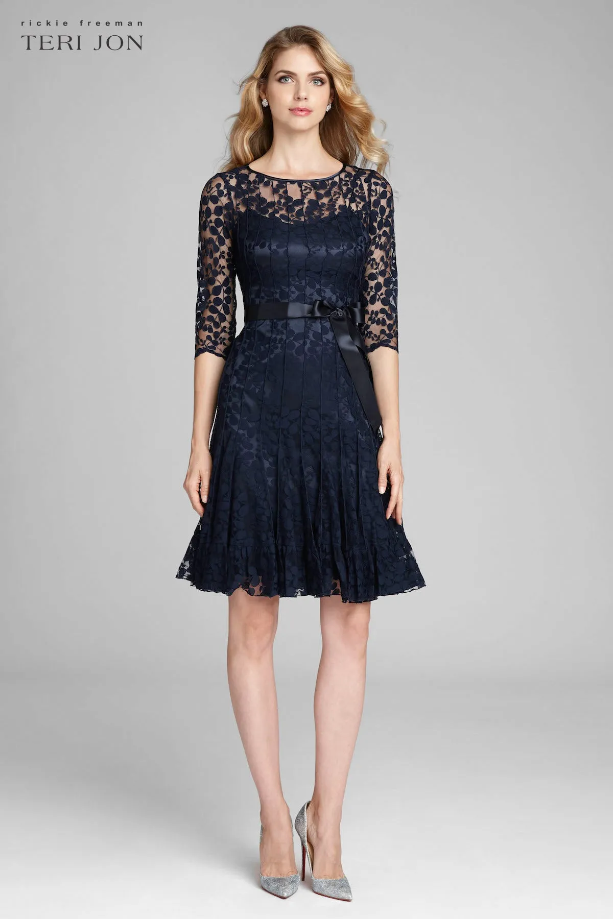 3/4 Sleeve Lace Fit And Flare Dress with Bow sold by Teri Jon