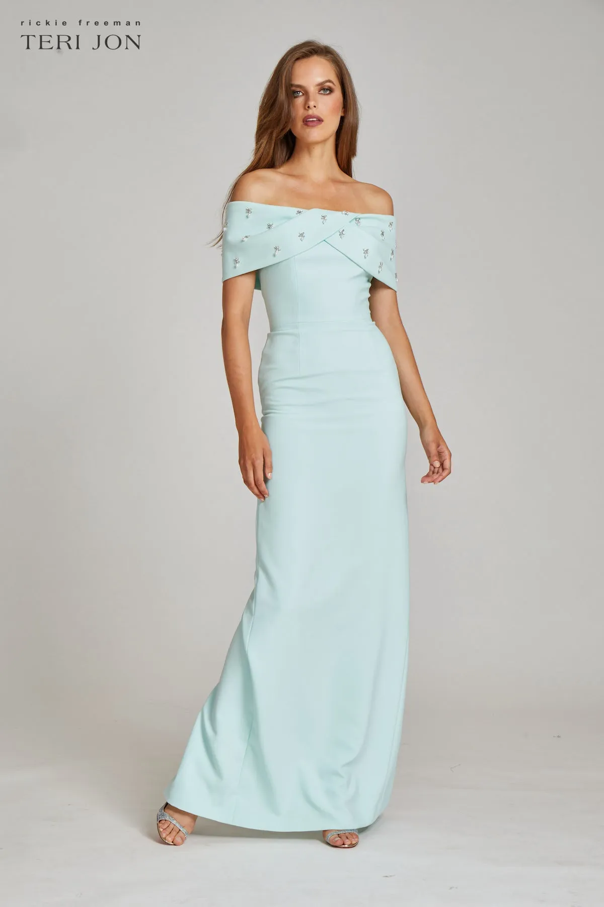 Crepe Off Shoulder Jewel Trim Portrait Column Gown sold by Teri Jon product image thumbnail 3