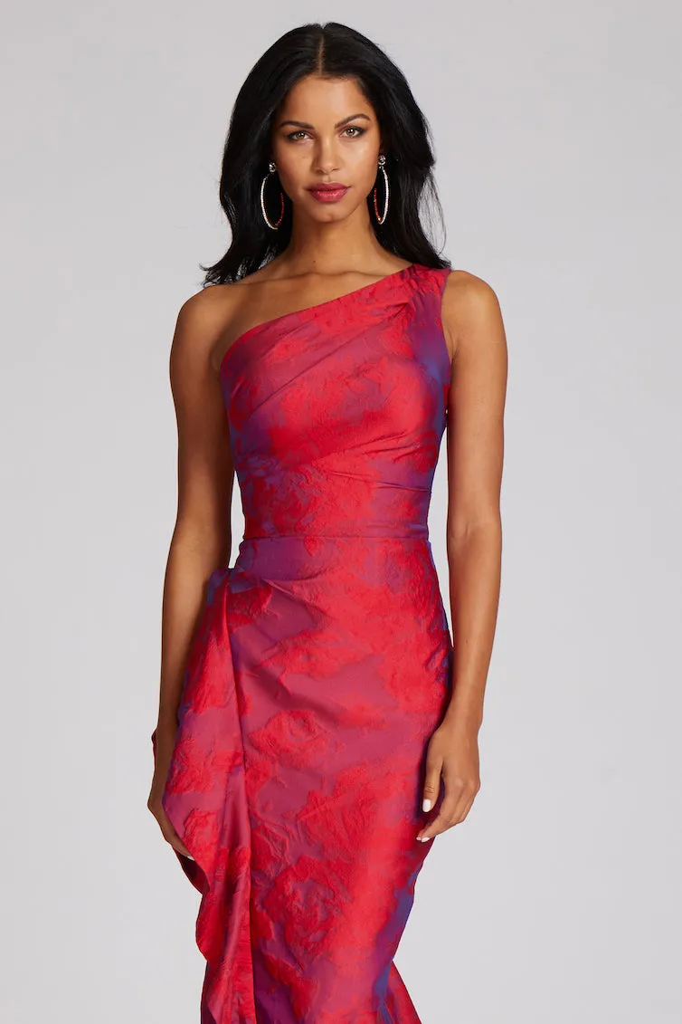 Jacquard One Shoulder Ruched Side Peplum Print Gown sold by Teri Jon product image thumbnail 5