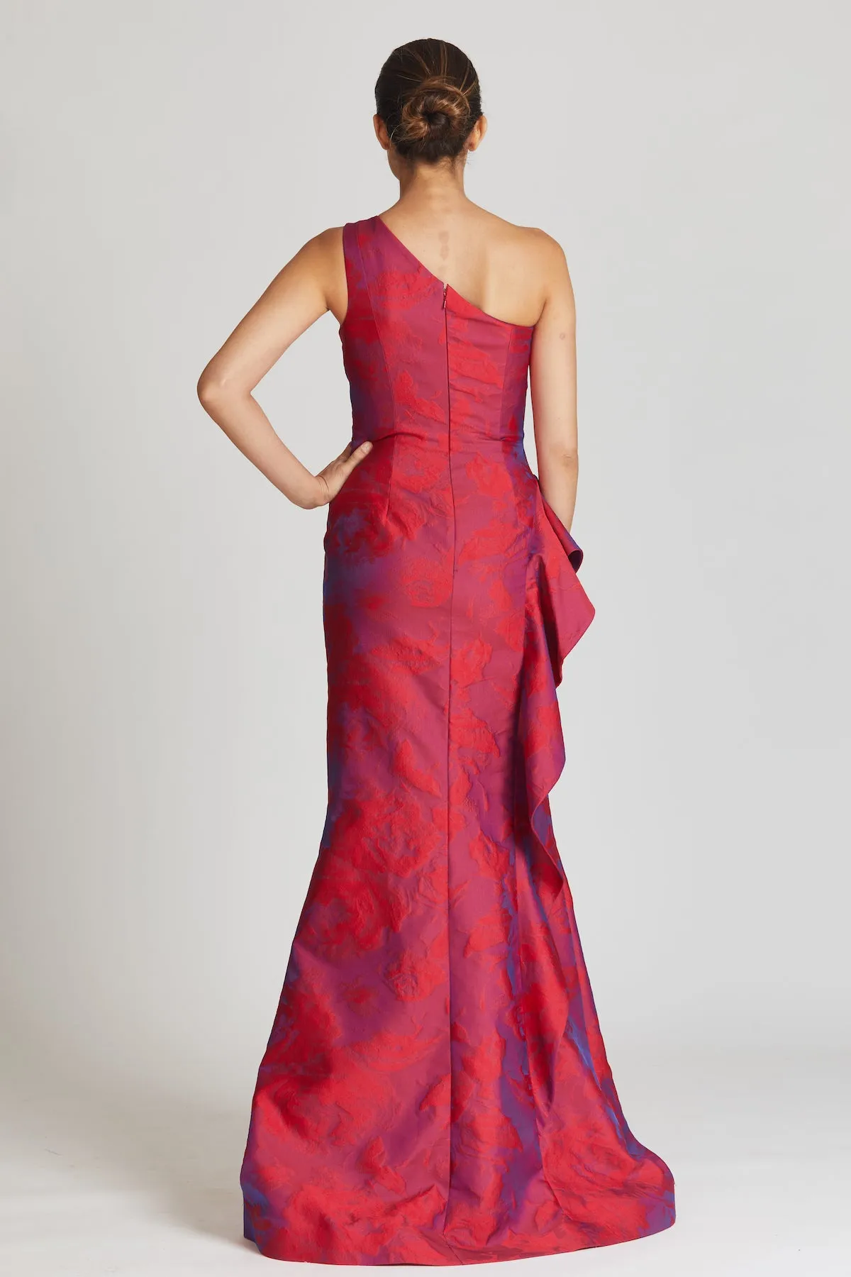 Jacquard One Shoulder Ruched Side Peplum Print Gown sold by Teri Jon product image thumbnail 3