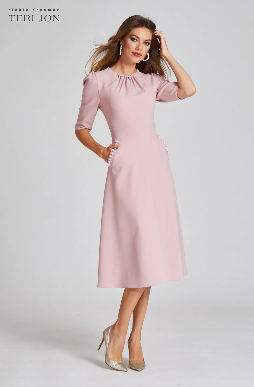 Stretch Crepe Pearl Trim Cocktail Dress sold by Teri Jon product image thumbnail 2