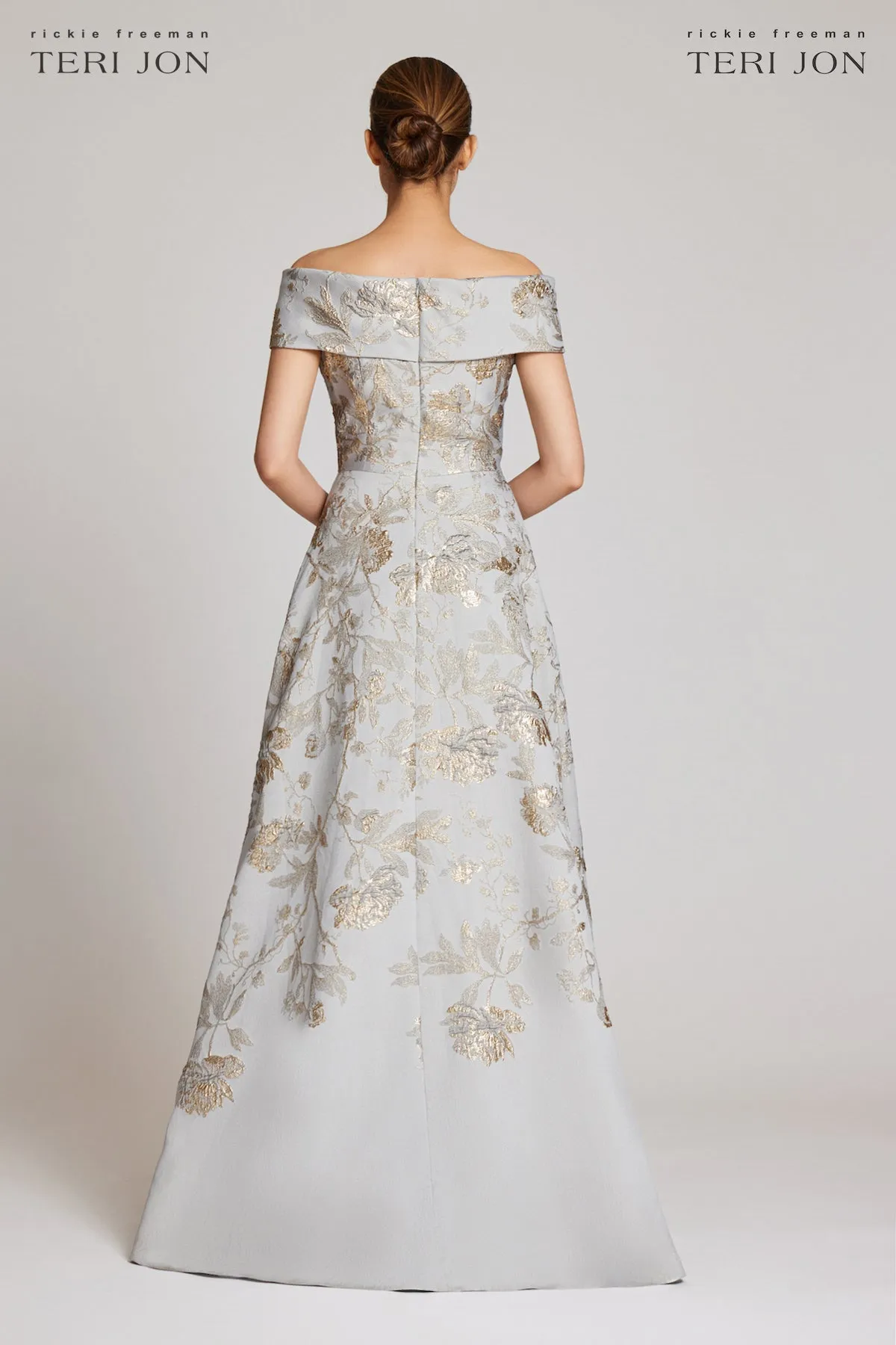 Off Shoulder Metallic Jacquard A Line Gown sold by Teri Jon product image thumbnail 3