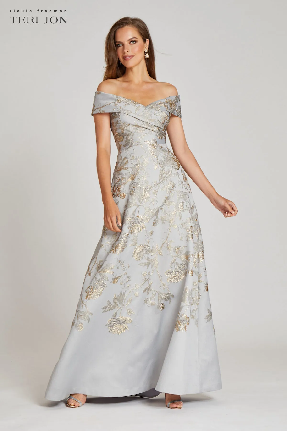 Off Shoulder Metallic Jacquard A Line Gown sold by Teri Jon product image thumbnail 2
