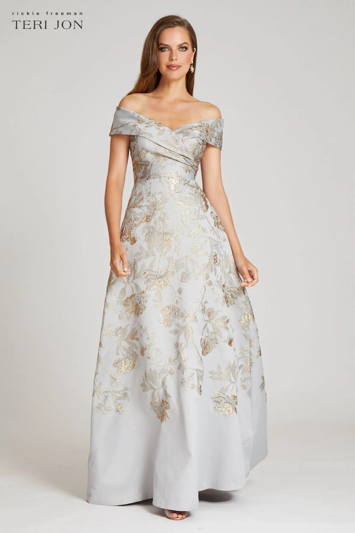Off Shoulder Metallic Jacquard A Line Gown sold by Teri Jon