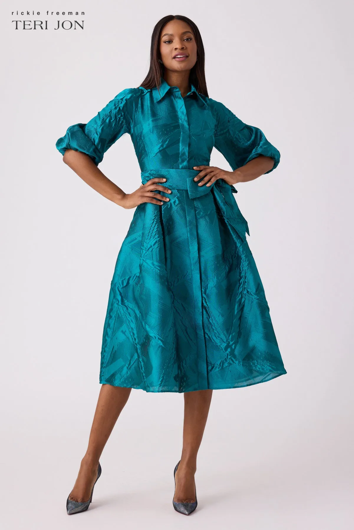 Textured Jacquard Balloon Sleeve Shirt Dress sold by Teri Jon