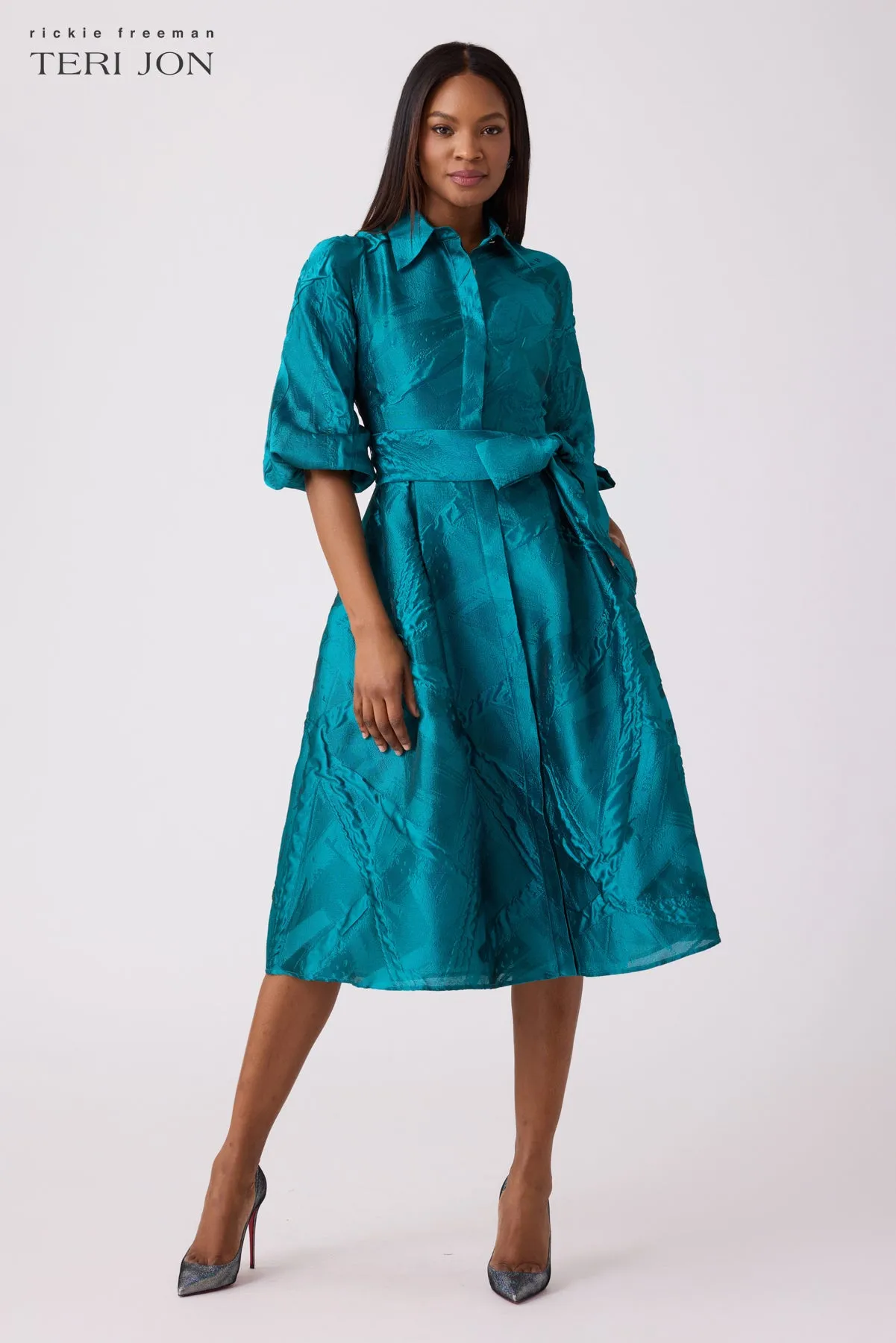 Textured Jacquard Balloon Sleeve Shirt Dress sold by Teri Jon product image thumbnail 3