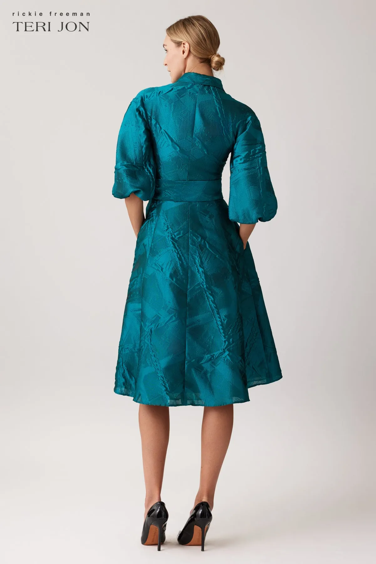 Textured Jacquard Balloon Sleeve Shirt Dress sold by Teri Jon product image thumbnail 4