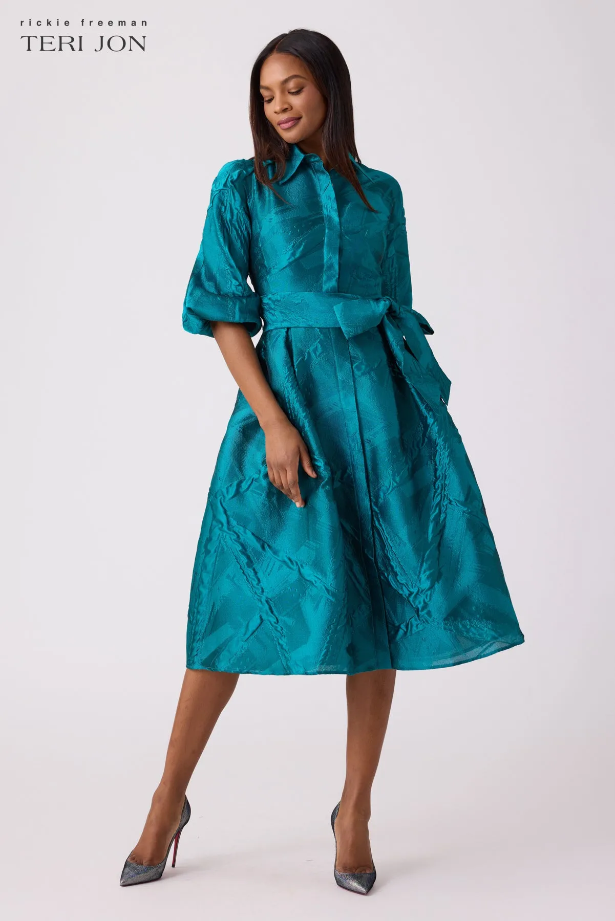 Textured Jacquard Balloon Sleeve Shirt Dress sold by Teri Jon product image thumbnail 2
