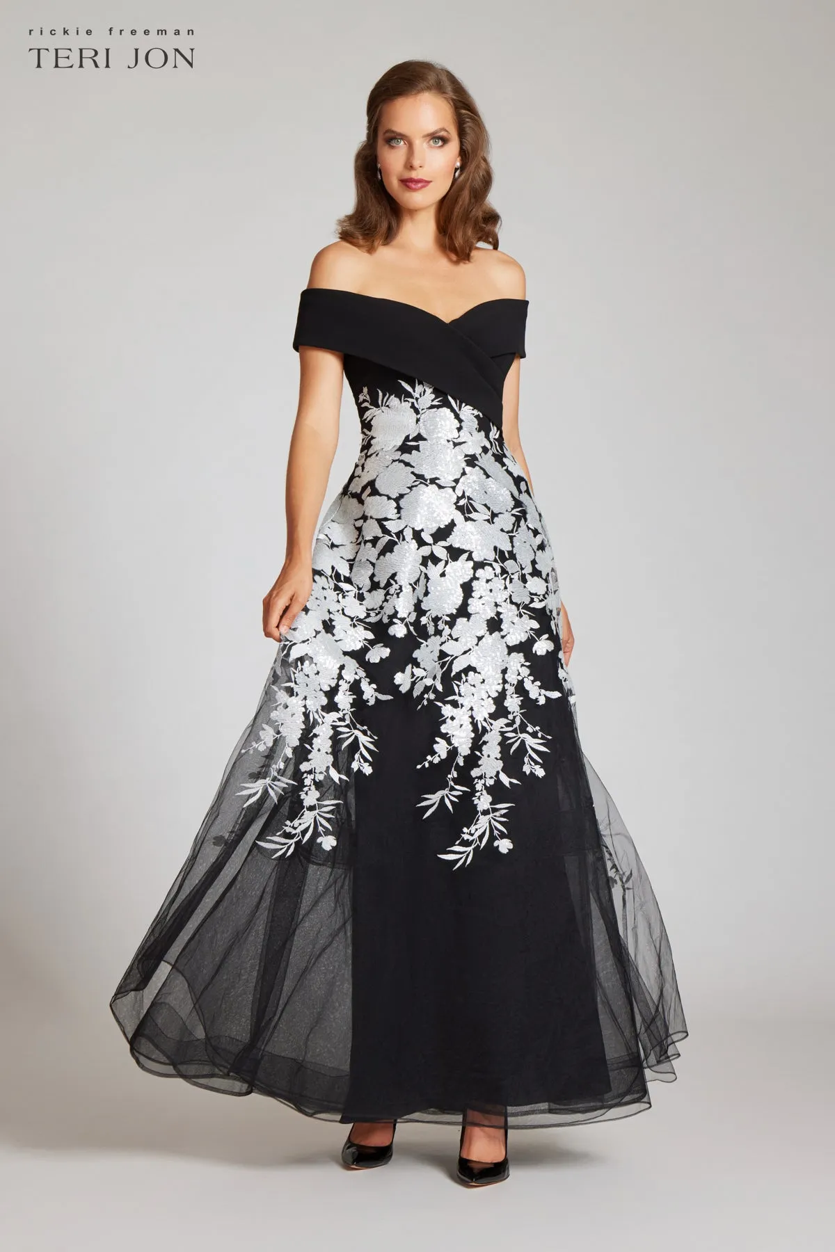 Crepe Off The Shoulder Floral Embroidered Gown sold by Teri Jon product image thumbnail 4