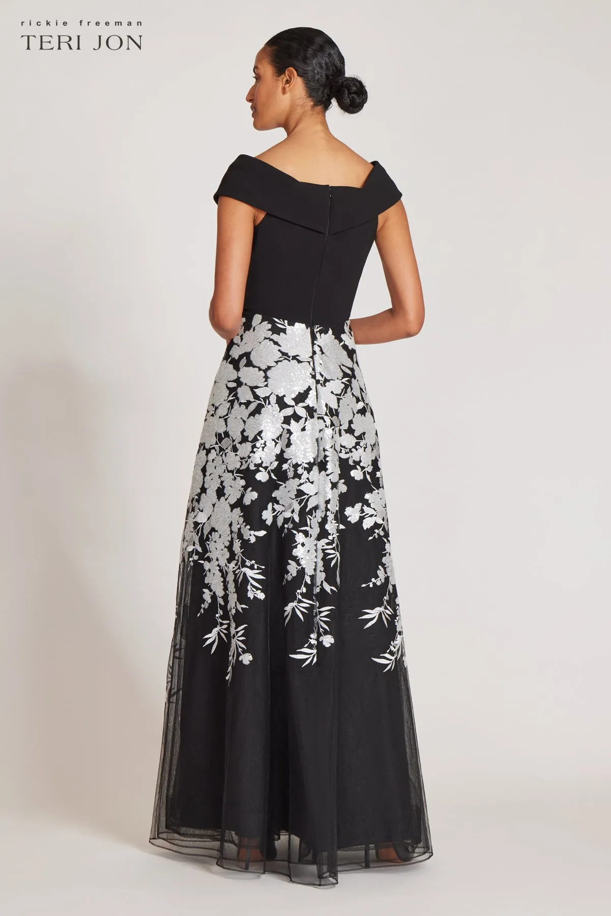 Crepe Off The Shoulder Floral Embroidered Gown sold by Teri Jon product image thumbnail 5