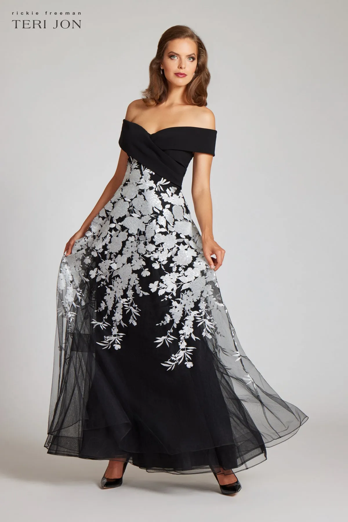 Crepe Off The Shoulder Floral Embroidered Gown sold by Teri Jon product image thumbnail 2