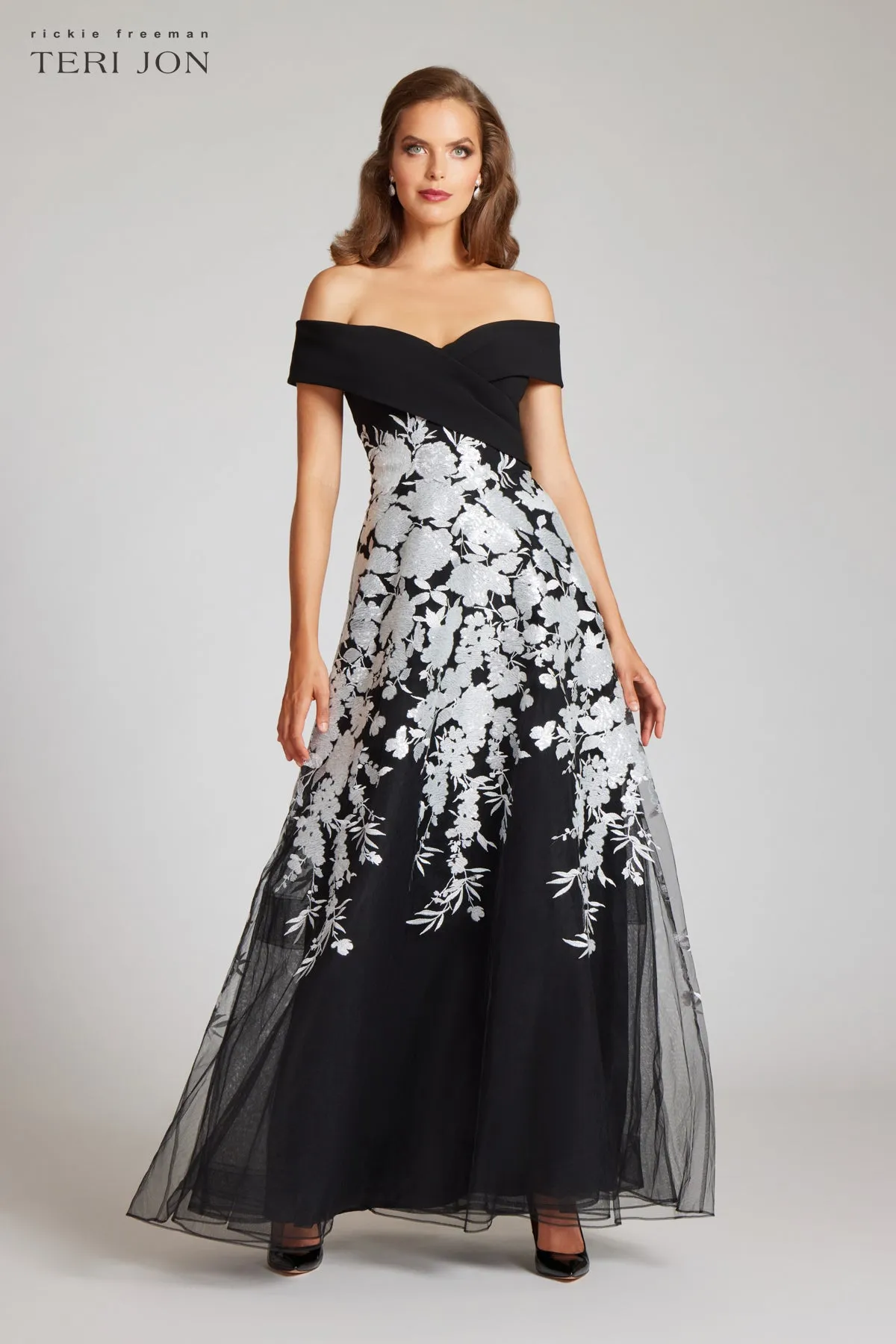 Crepe Off The Shoulder Floral Embroidered Gown sold by Teri Jon product image thumbnail 3