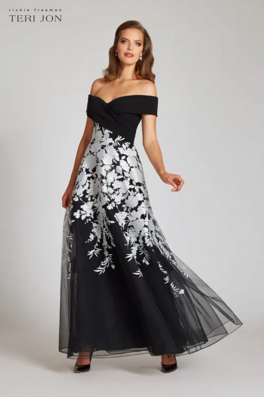 Crepe Off The Shoulder Floral Embroidered Gown sold by Teri Jon