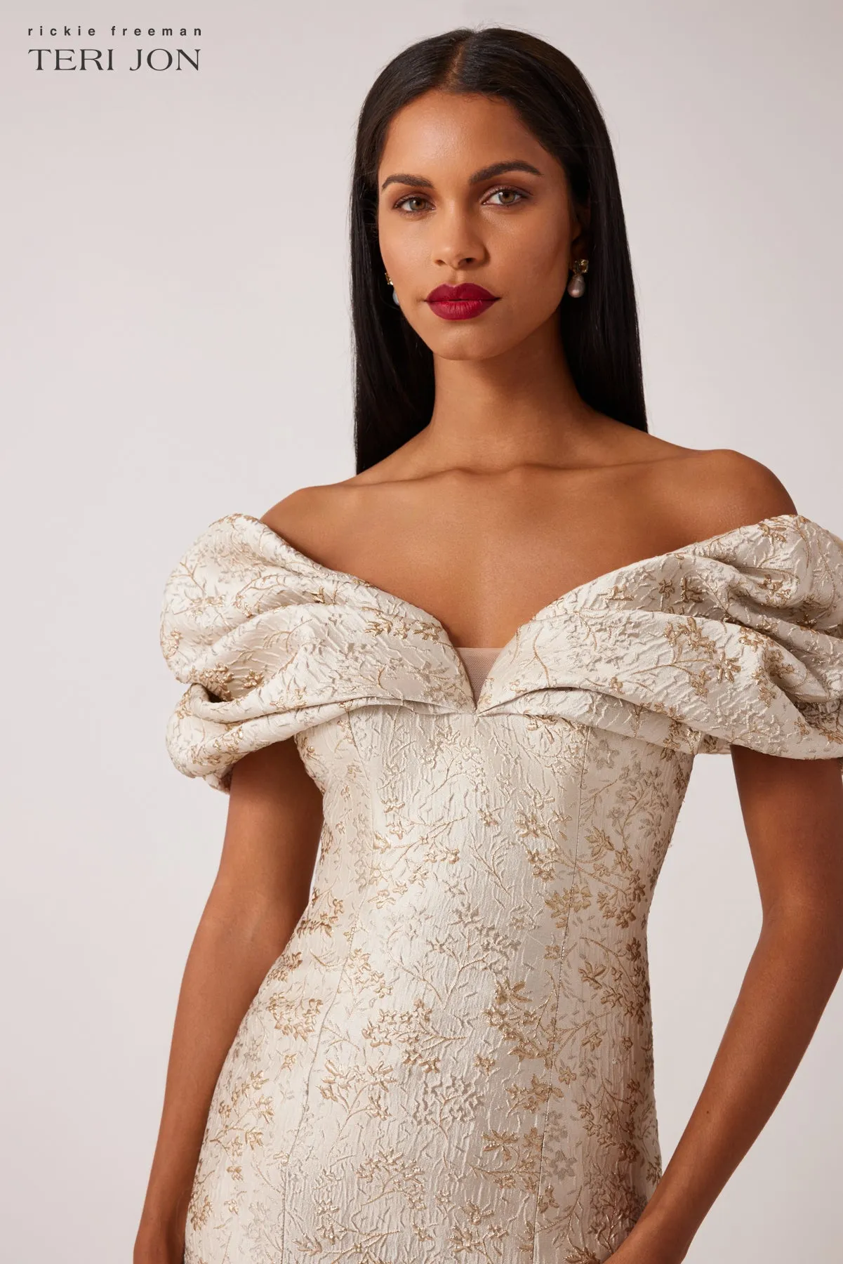 Scrunch Off Shoulder Jacquard Evening Gown sold by Teri Jon product image thumbnail 2