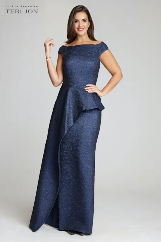 Jacquard Off Shoulder Side Drape Overlay Gown sold by Teri Jon