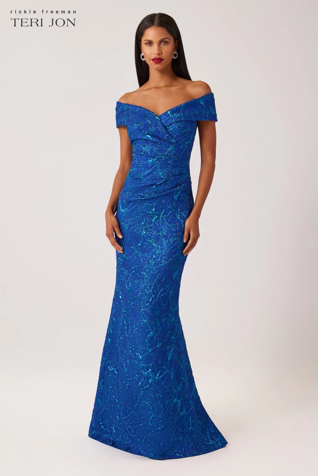 Metallic Jacquard Portrait Side Drape Gown sold by Teri Jon