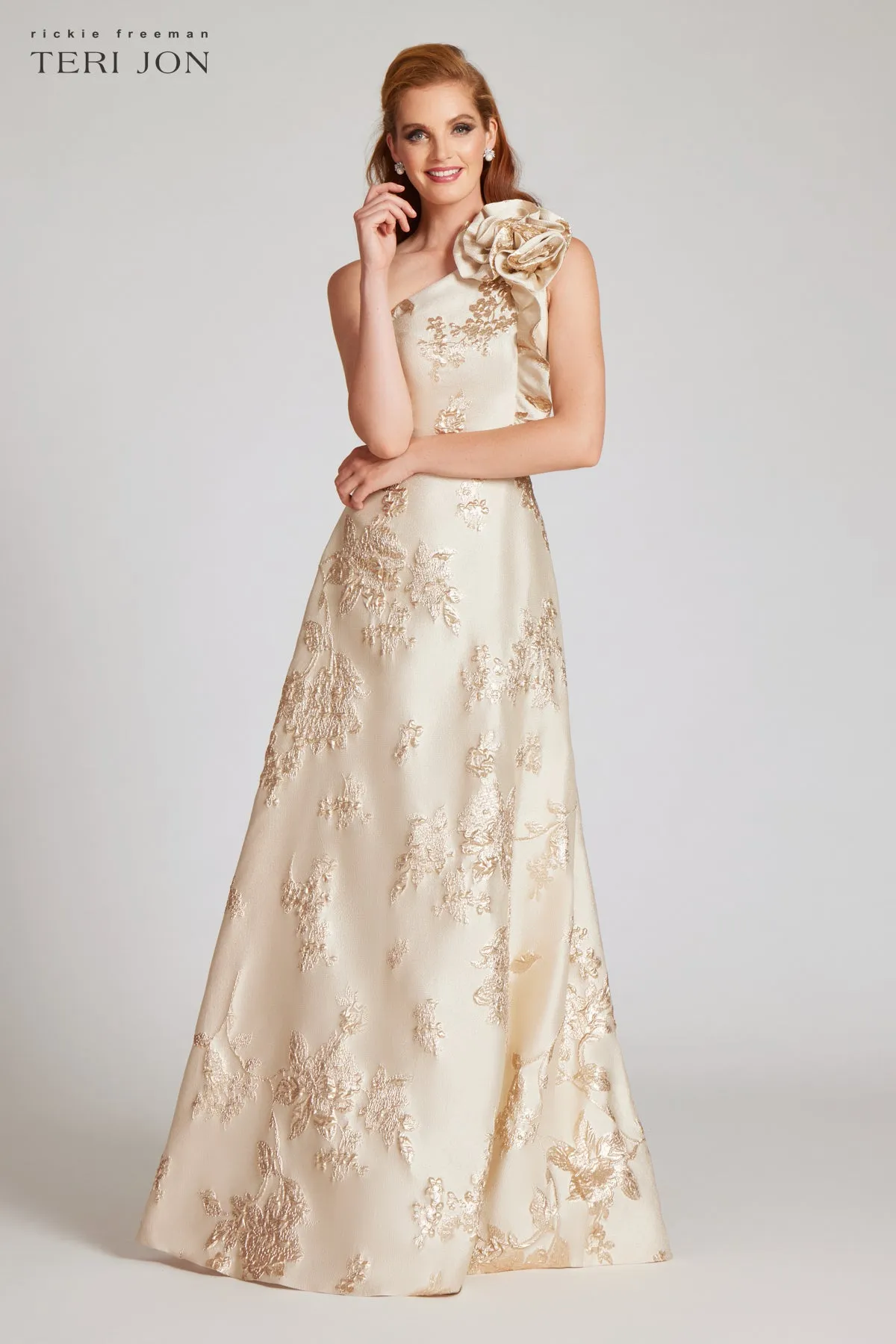 Metallic Jacquard One Shoulder 3D Self Flower Gown sold by Teri Jon product image thumbnail 2