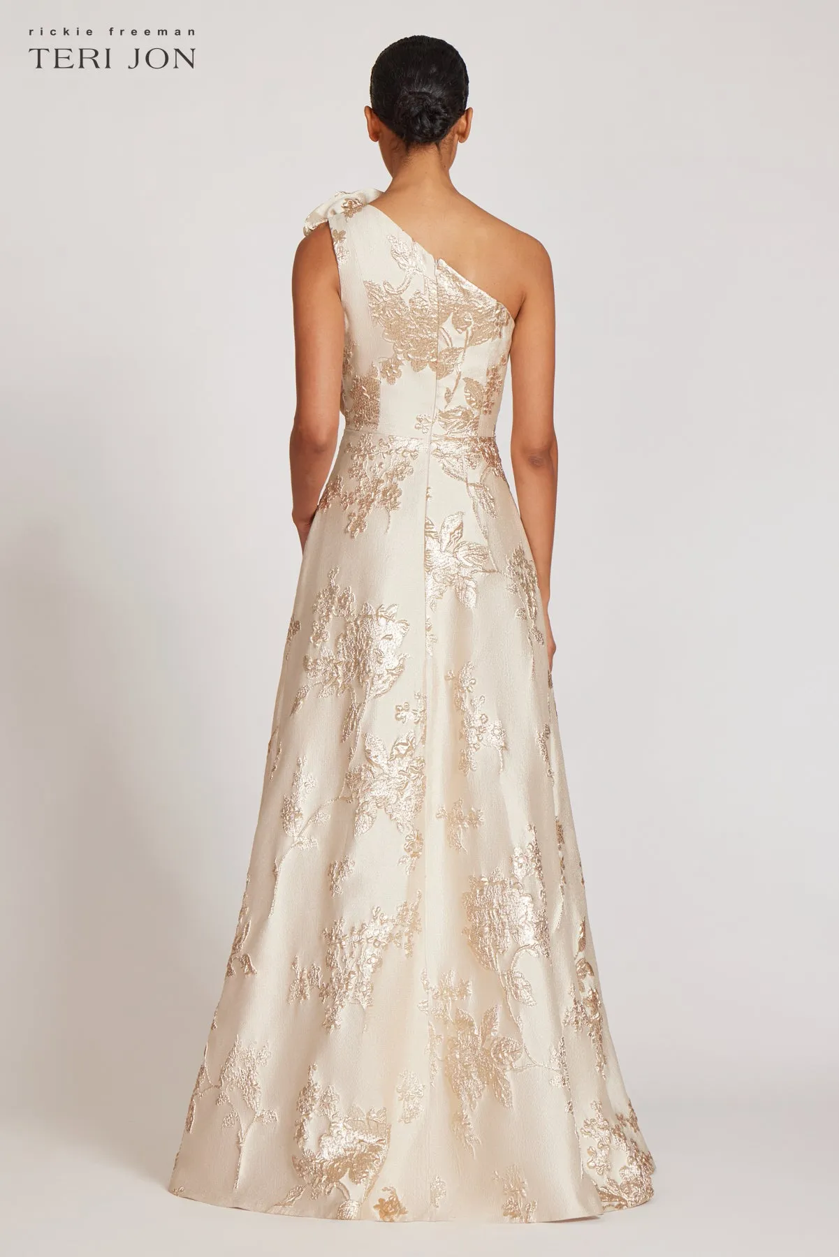 Metallic Jacquard One Shoulder 3D Self Flower Gown sold by Teri Jon product image thumbnail 4