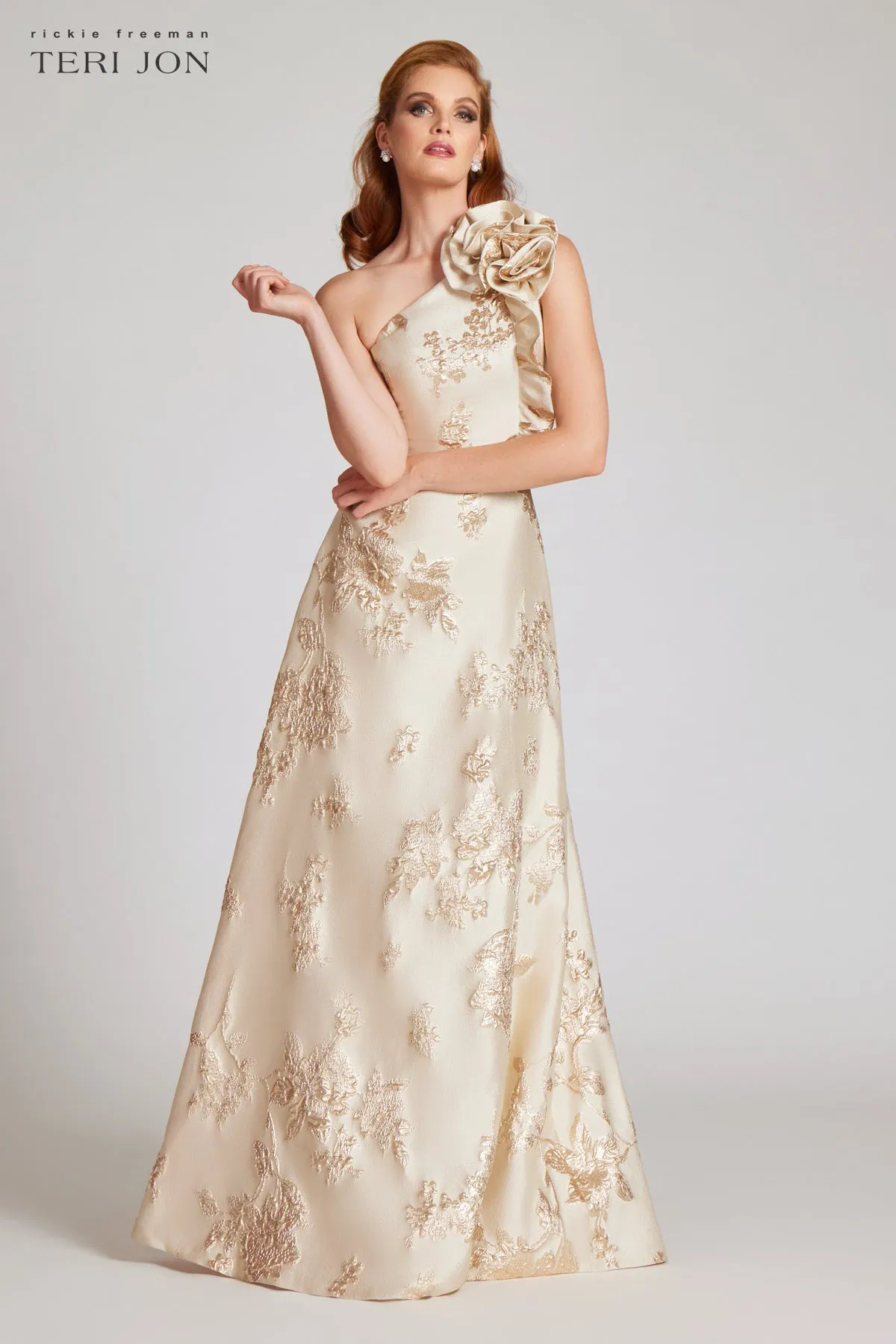 Metallic Jacquard One Shoulder 3D Self Flower Gown sold by Teri Jon product image thumbnail 3