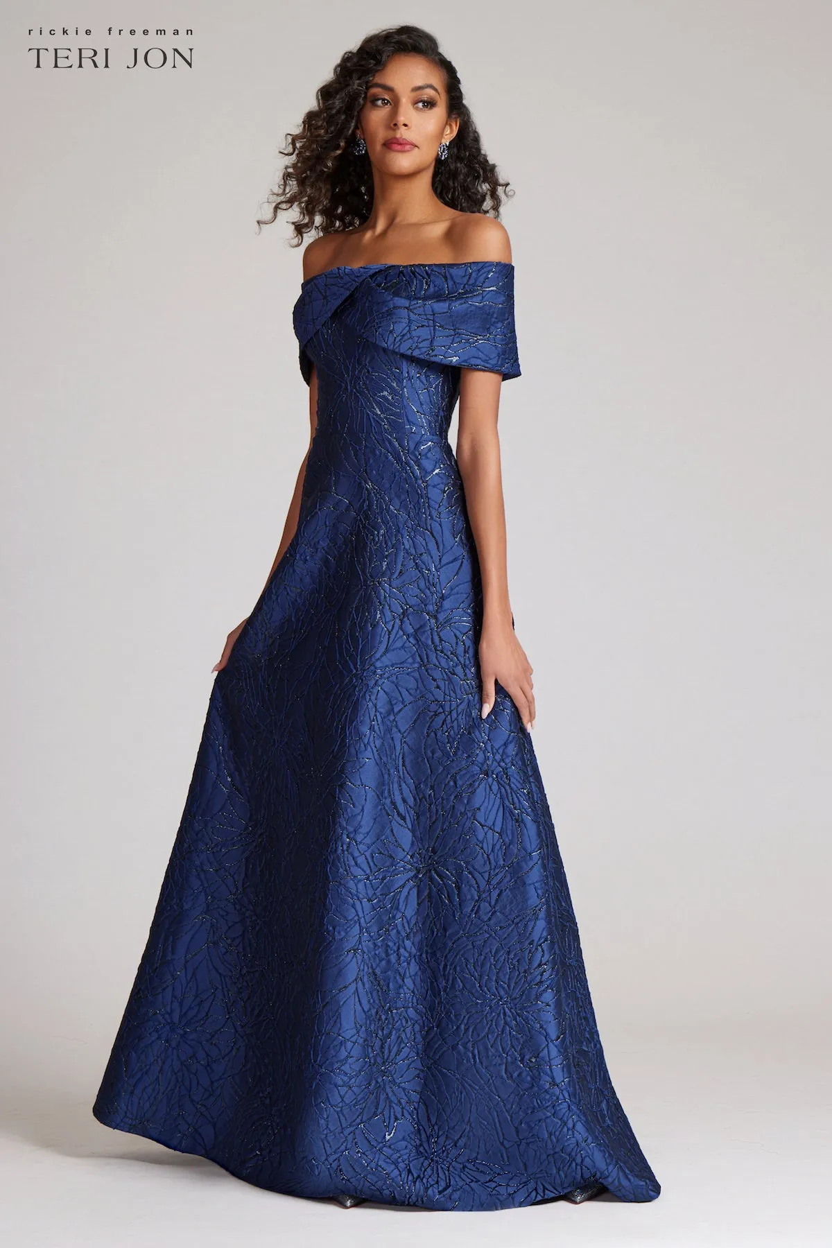 Off Shoulder Portrait Metallic Jacquard Aline sold by Teri Jon product image thumbnail 2