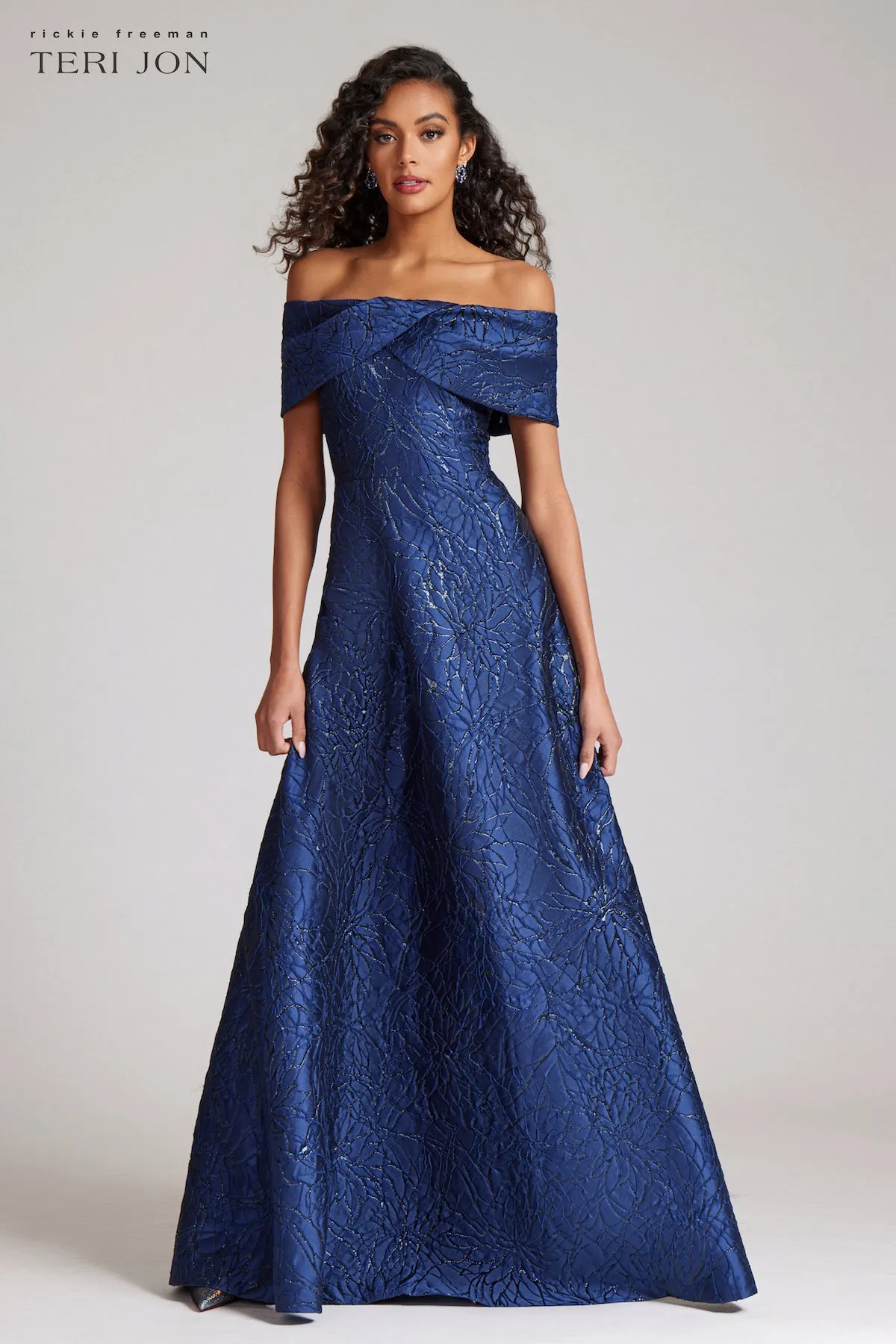 Off Shoulder Portrait Metallic Jacquard Aline sold by Teri Jon