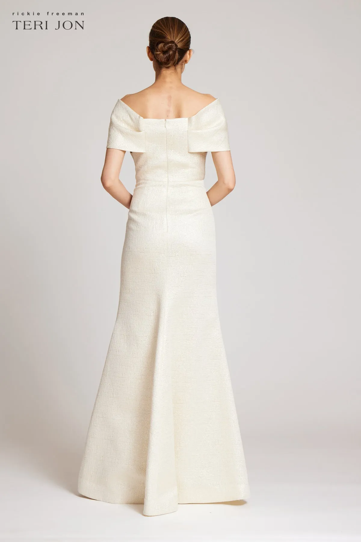 Metallic Jacquard Twist Bodice Off Shoulder Gown sold by Teri Jon product image thumbnail 3