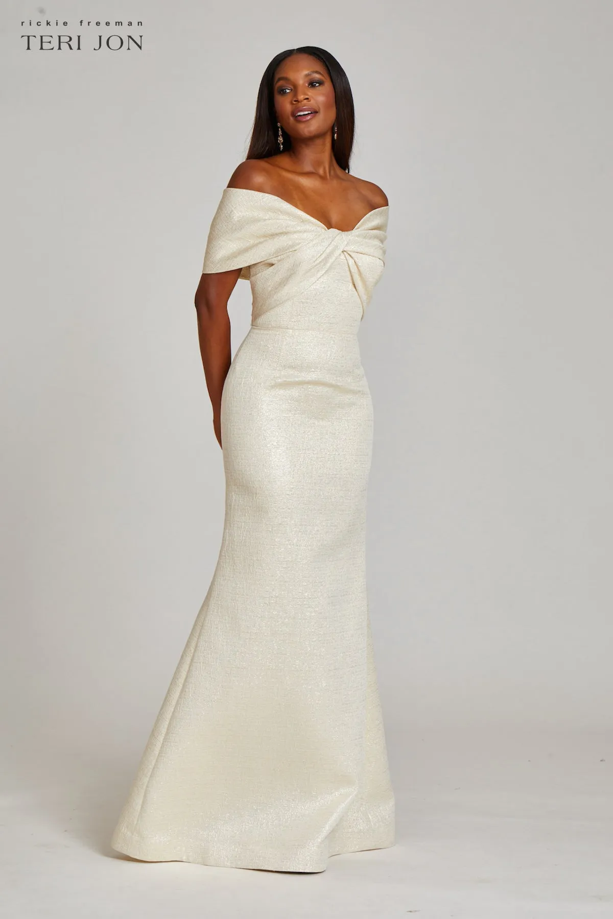 Metallic Jacquard Twist Bodice Off Shoulder Gown sold by Teri Jon product image thumbnail 2