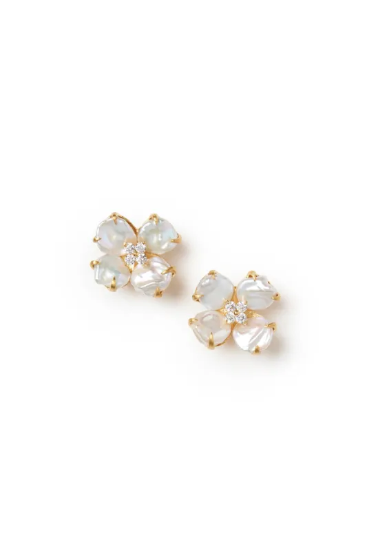 4 petal white keishi pearl flower earrings sold by Teri Jon
