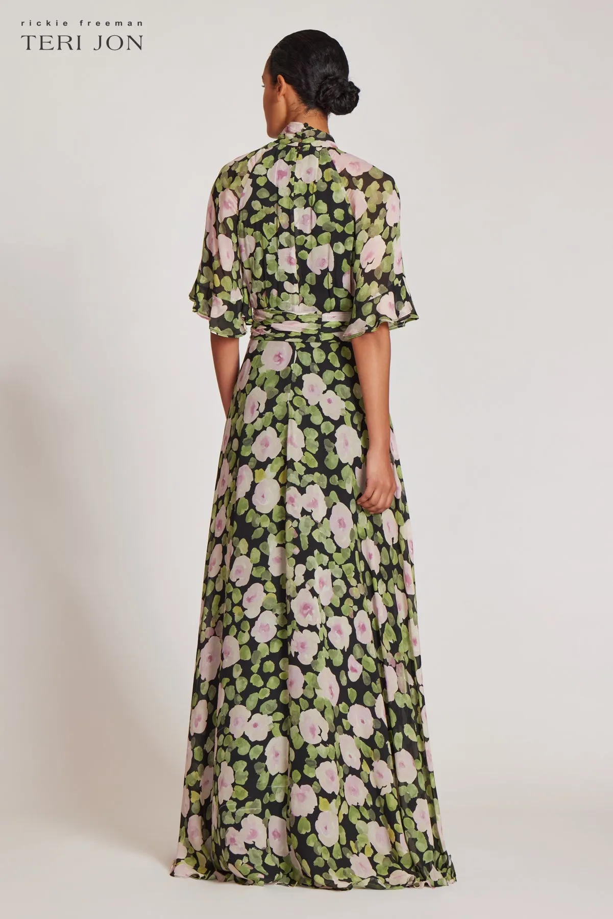 Chiffon Floral Flutter Sleeve Mock Neck With sold by Teri Jon product image thumbnail 4