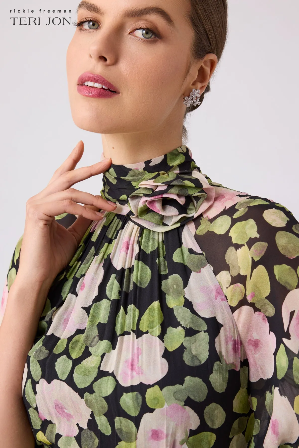 Chiffon Floral Flutter Sleeve Mock Neck With sold by Teri Jon product image thumbnail 3