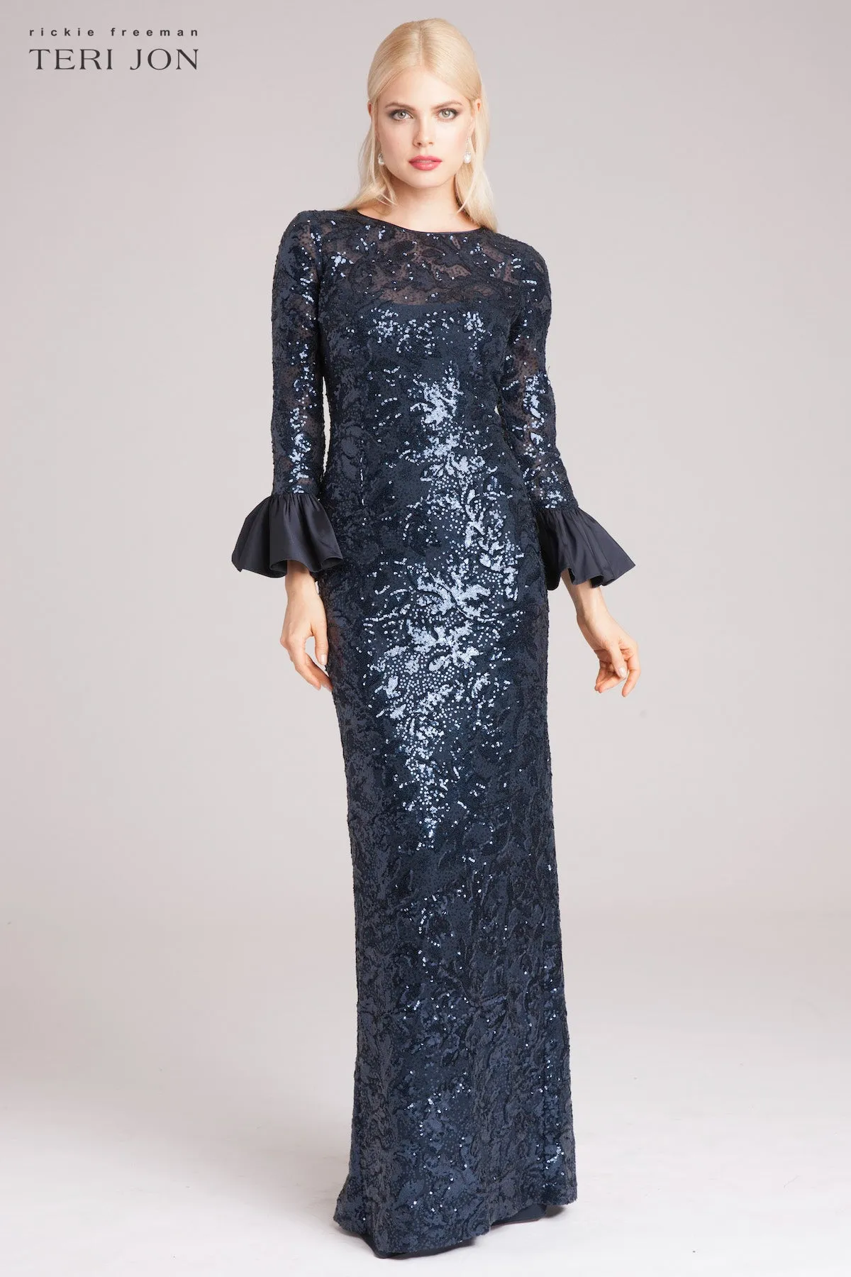 Long Bell Sleeve Sequin Sheath Gown sold by Teri Jon