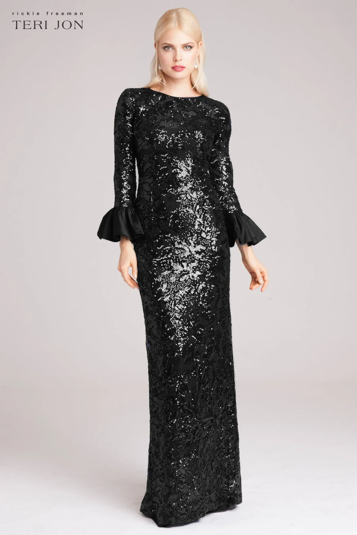 Long Bell Sleeve Sequin Sheath Gown sold by Teri Jon product image thumbnail 2
