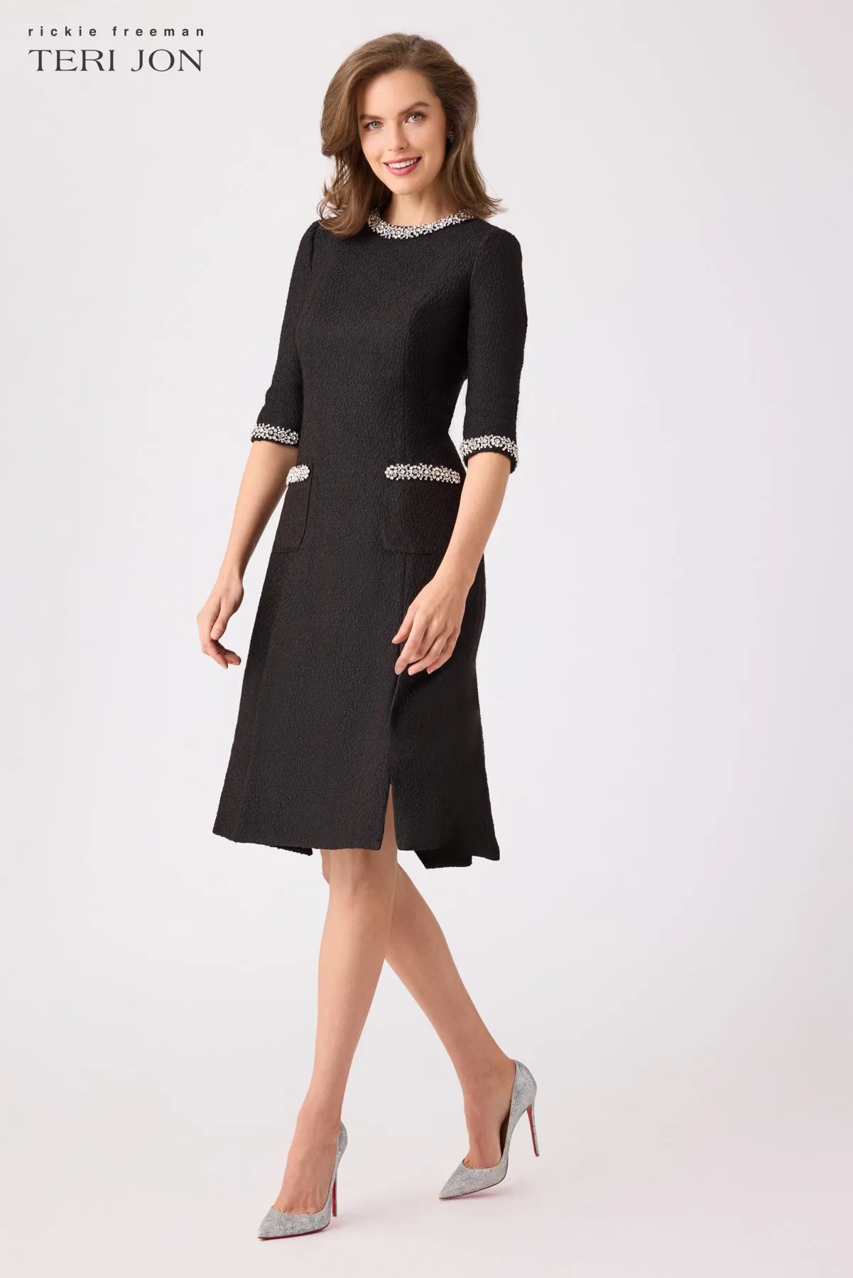 Boucle Rhinestone Trim Dress sold by Teri Jon product image thumbnail 2