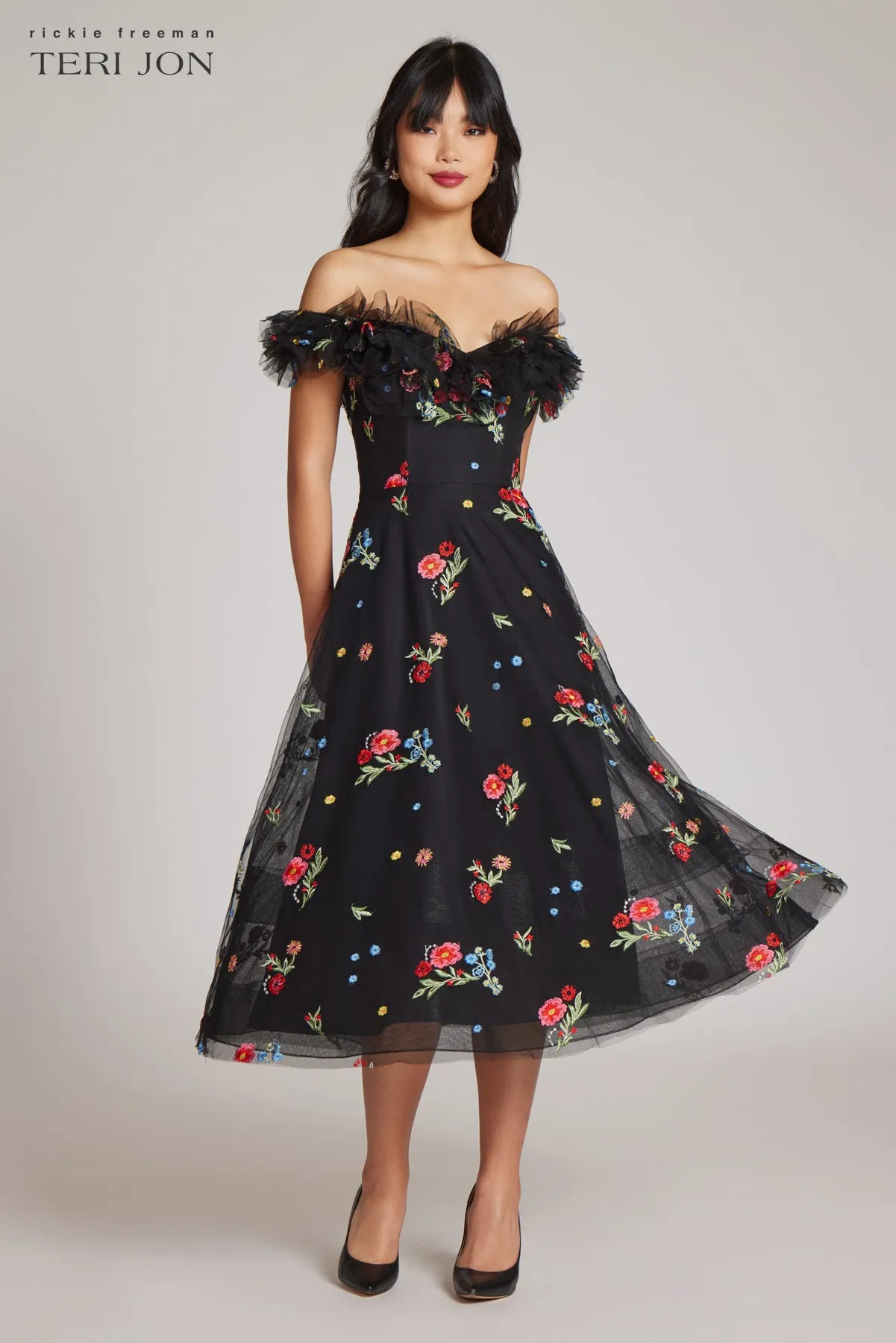 Floral Tulle Ruffle Dress sold by Teri Jon