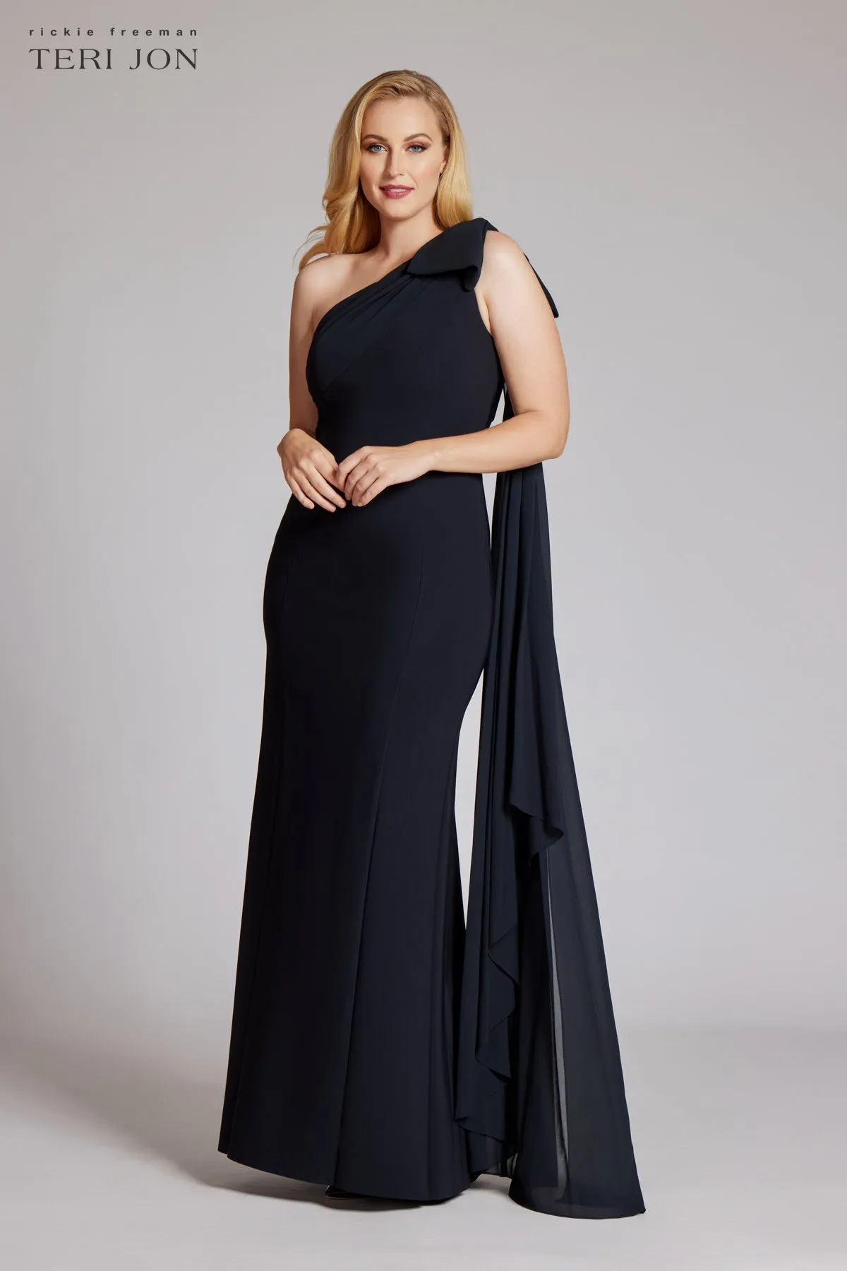 One Shoulder Scuba Gown With Chiffon Cape sold by Teri Jon product image thumbnail 2